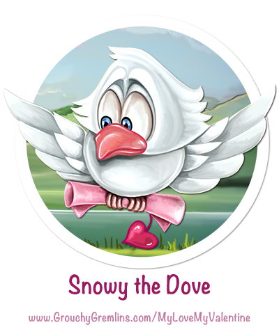Snowy the dove that carries love letters to your sweetheart in the ipad valentine's day app - the Game of Romance and Rivalry, My Love My Valentine.